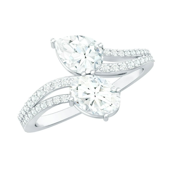 Rosec Jewels 2 Stone Diamond Ring - Bypass Engagement Ring (5x7 mm Oval and Pear Lab Grown Diamond), 925 Sterling Silver, US 4.00