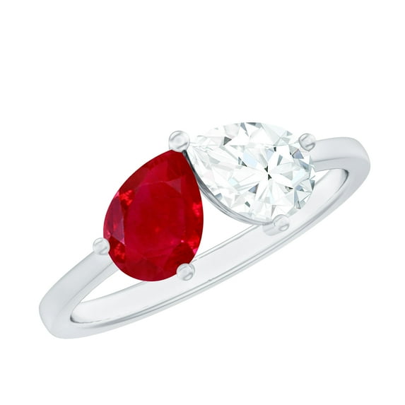 Rosec Jewels Ruby Diamond Toi Et Moi Ring for Women - Pear Shape Ruby Promise Ring - AAA Quality - Ready to Gift for Valentines, 18K White Gold, US 5.50