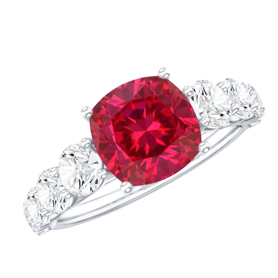 Rosec Jewels Cushion Cut Lab Created Ruby Engagement Ring 2 Carat (AAAA Quality) - Ruby Solitaire Ring with Moissanite Side Stones, 925 Sterling Silver, US 4.00