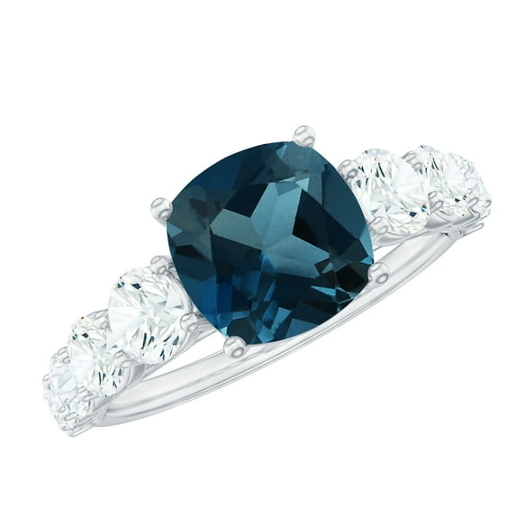 Rosec Jewels 3.25 CT Cushion Cut London Blue Topaz Solitaire Ring with Side Stone Moissanite, 10K White Gold, US 12.50
