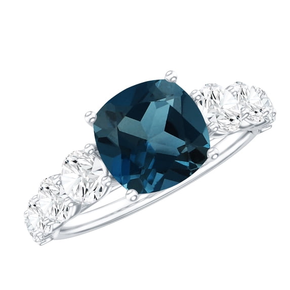 Rosec Jewels 3.25 CT Cushion Cut London Blue Topaz Solitaire Ring with Side Stone Moissanite, 18K White Gold, US 5.00