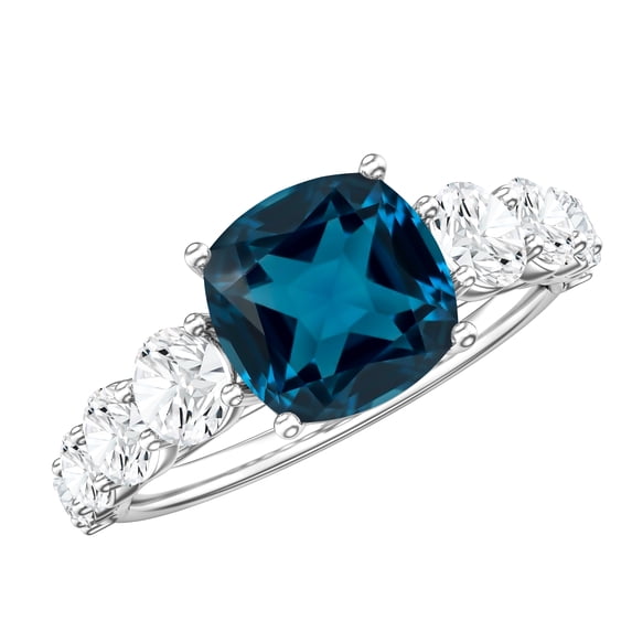 Rosec Jewels 3.25 CT Cushion Cut London Blue Topaz Solitaire Ring with Side Stone Moissanite, 925 Sterling Silver, US 4.00