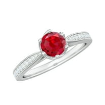 Rosec Jewels 3/4 CT Created Ruby and Diamond Ring, Decorative Prong Set Created Ruby Solitaire Ring, Solitaire Ring with Side Stones, 925 Sterling Silver, US 4.00