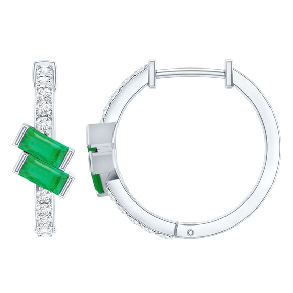 Rosec Jewels Baguette Emerald Hoop Earrings - AAA Quality - Natural Emerald Diamond Earrings for Women - with Jewelry Box, 10K White Gold