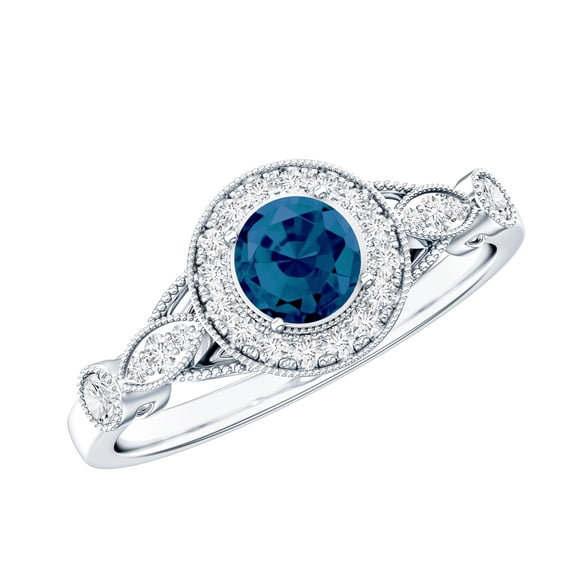 Rosec Jewels London Blue Topaz Vintage Inspired Engagement Ring for Women - Blue Topaz Diamond Ring - AAA Grade - With Jewelry Box, 14K White Gold, US 5.00