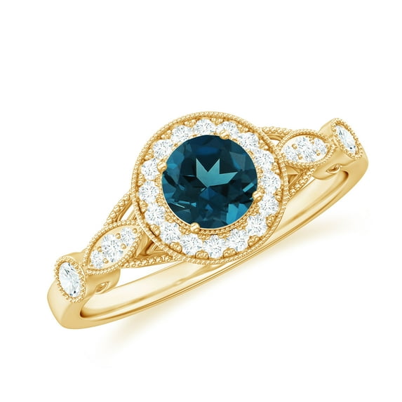 Rosec Jewels London Blue Topaz Vintage Inspired Engagement Ring for Women - Blue Topaz Diamond Ring - AAA Grade - With Jewelry Box, 14K Yellow Gold, US 5.50