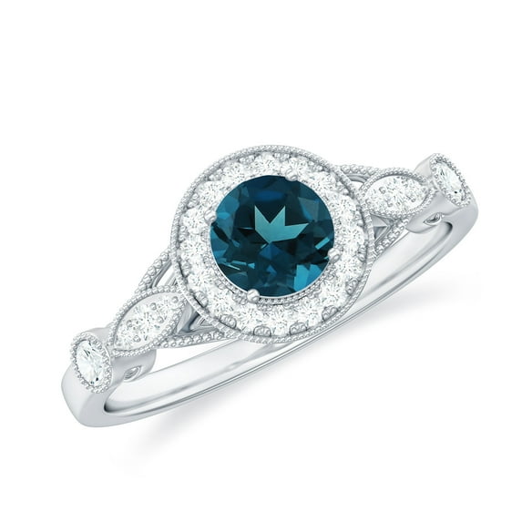 Rosec Jewels London Blue Topaz Vintage Inspired Engagement Ring for Women - Blue Topaz Diamond Ring - AAA Grade - With Jewelry Box, 18K White Gold, US 5.50