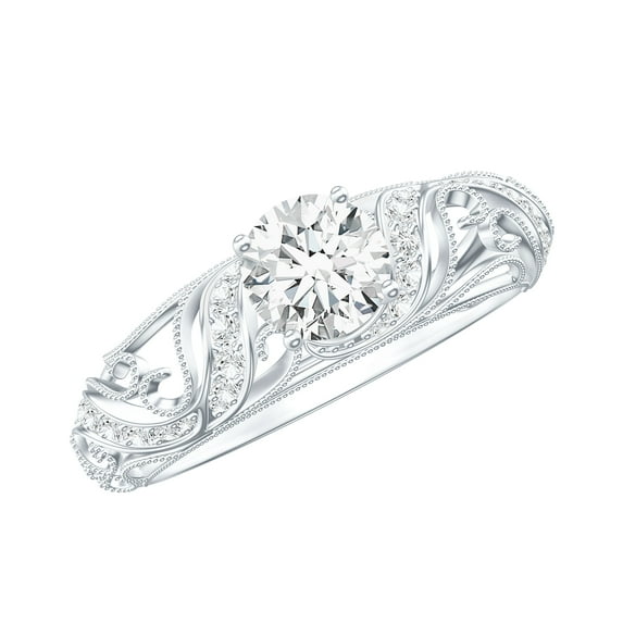 Rosec Jewels Moissanite Engagement Ring 1 ct - Vintage Style Ring - 6 mm Round Ring for Women (D-VS1 Quality), 10K White Gold, US 3.00