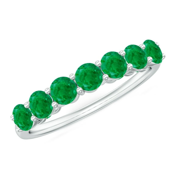 Rosec Jewels 3/4 CT Round Green Emerald Seven Stone Gold Ring for Women - May Birthstone, 14K White Gold, US 8.00