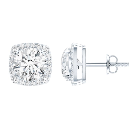 Rosec Jewels Certified Moissanite Stud Earrings with Halo (7mm, D-VS1 Quality, 3.4 Ct) - with Screw Back - Ready to Gift, 925 Sterling Silver