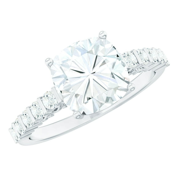 Rosec Jewels Certified Moissanite Engagement Ring Cushion 3 Carat - 8 mm - Side Stone Ring - D-VS1 Grade Certified, 10K White Gold, US 4.50