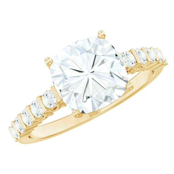Rosec Jewels Certified Moissanite Engagement Ring Cushion 3 Carat - 8 mm - Side Stone Ring - D-VS1 Grade Certified, 10K Yellow Gold, US 7.00