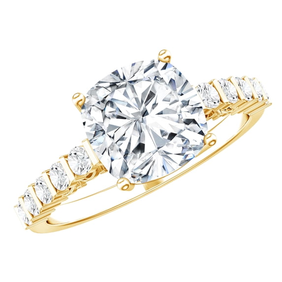 Rosec Jewels Certified Moissanite Engagement Ring Cushion 3 Carat - 8 mm - Side Stone Ring - D-VS1 Grade Certified, 14K Yellow Gold, US 10.50