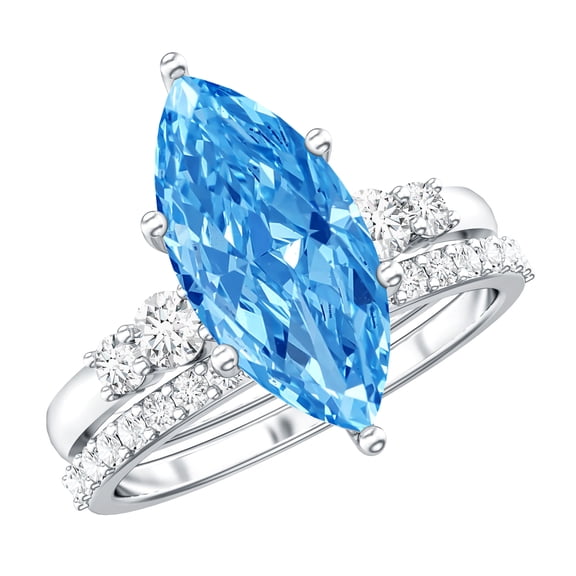 Rosec Jewels 3 Carat Lab Grown Blue Diamond Engagement Ring with Band - IGI Certified Marquise Wedding Ring Set for Women, 925 Sterling Silver, US 4.00