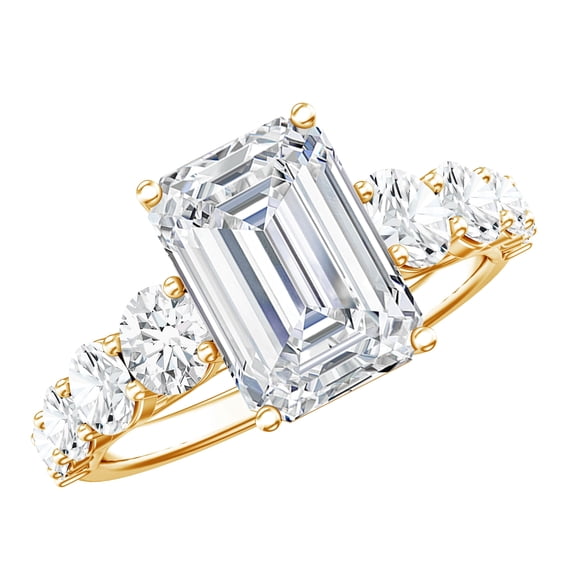 Rosec Jewels 3 Carat Lab Grown Diamond Emerald Cut Engagement Ring with Side Stones - IGI Certified - E-VS1 Quality, 14K Yellow Gold, US 3.50