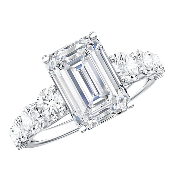 Rosec Jewels 3 Carat Lab Grown Diamond Emerald Cut Engagement Ring with Side Stones - IGI Certified - E-VS1 Quality, 925 Sterling Silver, US 4.00