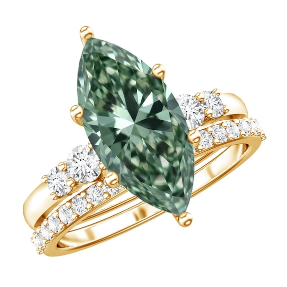Rosec Jewels 3 Carat Lab Grown Green Diamond Marquise Engagement Ring with Band - IGI Certified - VS1 Grade Diamond Wedding Ring Set, 14K Yellow Gold, US 8.00