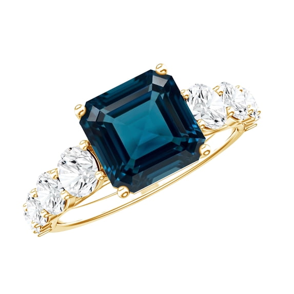 Rosec Jewels Natural London Blue Topaz Engagement Ring with Moissanite Accent, 14K Yellow Gold, US 11.00