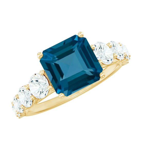 Rosec Jewels Natural London Blue Topaz Engagement Ring with Moissanite Accent, 14K Yellow Gold, US 6.50
