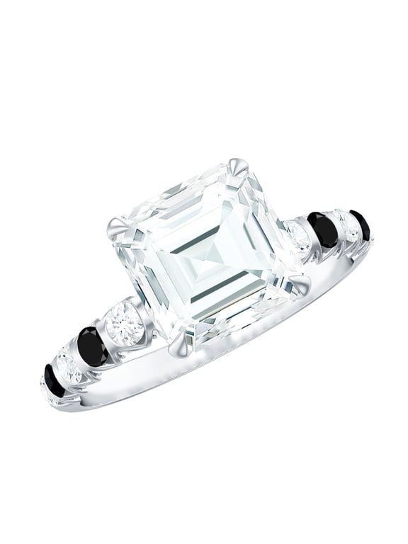 Asscher Cut Moissanite Solitaire Women with Lab Created Black Diamond, 14K White Gold, US 4.50