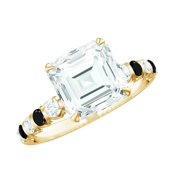 Rosec Jewels 4 CT Asscher Cut Moissanite Solitaire Women with Lab Created Black Diamond, 18K Yellow Gold, US 7.50