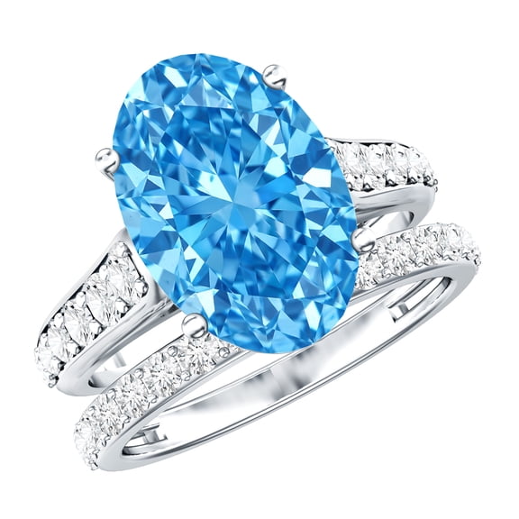 Rosec Jewels 4 Carat Lab Grown Blue Diamond Oval Engagement Ring with Band (IGI Certified) - Wedding Bridal Ring Set - VS1 Grade, 925 Sterling Silver, US 4.00