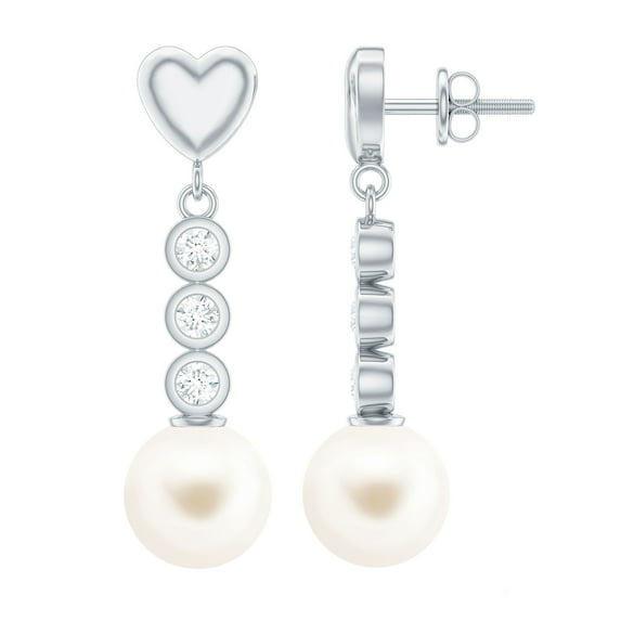 Rosec Jewels 6.25 CT Diamond Earrings with Freshwater Pearl Drop, Diamond and Pearl Dangle Earrings, Pearl Drop Dangle Earrings with Gold Heart, 18K White Gold