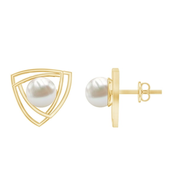Rosec Jewels 6 MM Bead Set Round Freshwater Pearl Solitaire Triangle Stud Earrings for Women, 18K Yellow Gold