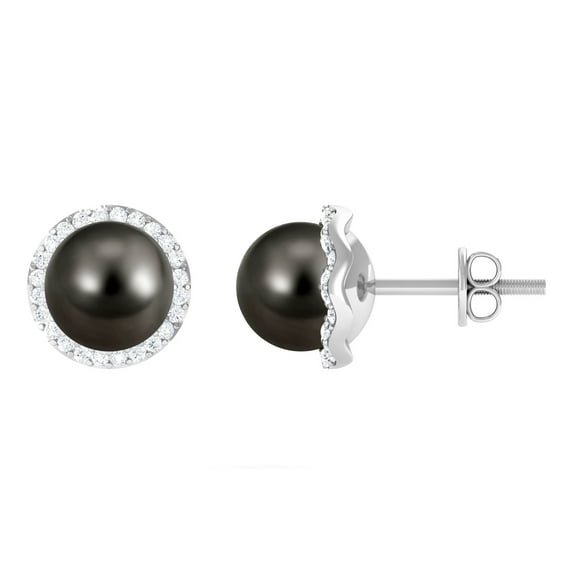 Rosec Jewels 7 MM Tahitian Pearl Stud Earring for Women with Diamond Halo, 10K White Gold