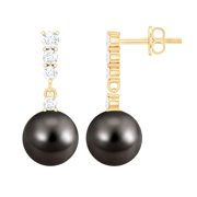 Rosec Jewels Tahitian Pearl Drop Earrings with Diamond, Pearl and Diamond Bar Earrings, Tahitian Pearl Drop Earrings, Bar Drop Earrings for Women, 10K Yellow Gold