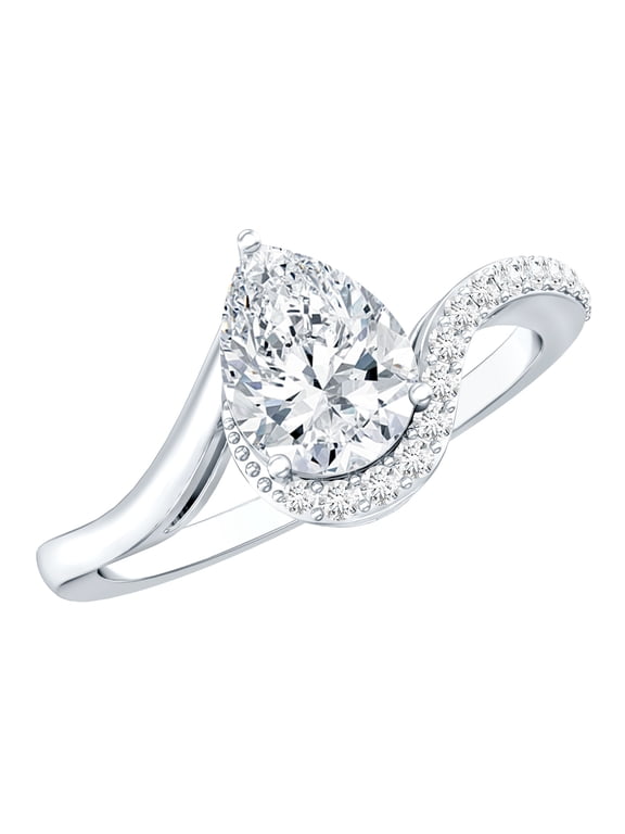 1.30 Carat Pear Shape Moissanite Engagement Ring in Silver - D-VS1 Quality Certified Moissanite Bypass Ring, US 8.00