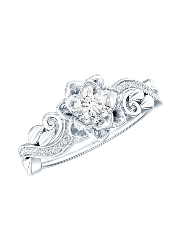 Sterling Silver Moissanite Rose Engagement Ring (D-VS1 Grade) - Nature Inspired Moissanite Ring for Women - Ready to Gift, US 5.00