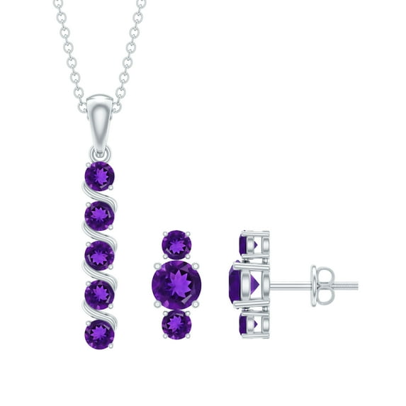Rosec Jewels Amethyst Bar Earrings and Pendant Set for Women - February Birthstone Jewelry Set, 14K White Gold