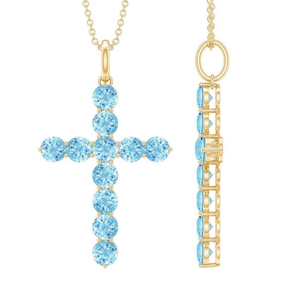 Rosec Jewels Natural Aquamarine Cross Pendant Necklace with Chain - Faith Necklace - AAA Quality - Ready to Gift for Christmas, 14K Yellow Gold