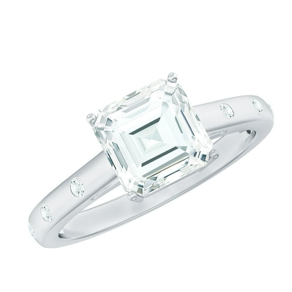 Rosec Jewels Asscher Cut Moissanite Solitaire Ring for Women (7 mm, 2.25 CT, D-VS1 Quality), 14K White Gold, US 4.00