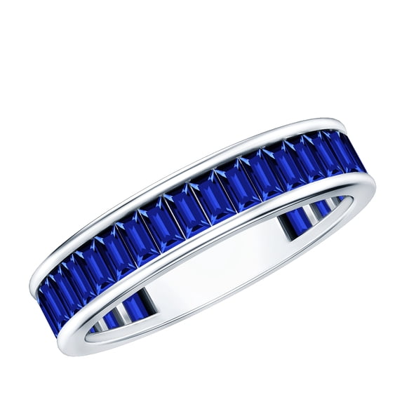 Rosec Jewels Baguette Shape Lab Created Blue Sapphire Half Eternity Ring (AAAA Grade), 10K White Gold, US 9.50