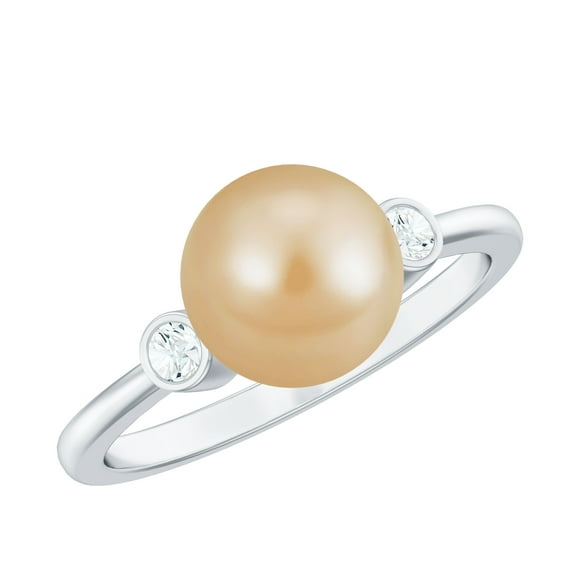 Rosec Jewels South Sea Pearl Engagement Ring for Women - Golden Pearl Diamond Ring - 8 mm - AAA Quality - with Jewelry Box, 14K White Gold, US 6.50
