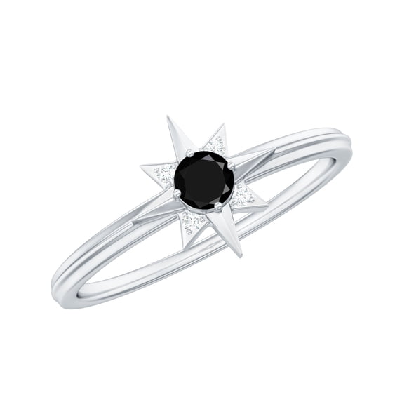 Rosec Jewels Black Diamond Promise Ring with Diamond for Women (AAA Quality) - Sunburst Ring, 925 Sterling Silver, US 4.00