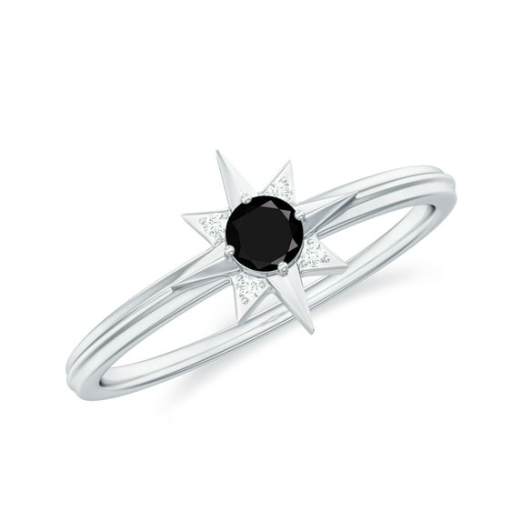 Rosec Jewels Black Diamond Promise Ring with Diamond for Women (AAA Quality) - Sunburst Ring, 925 Sterling Silver, US 4.00