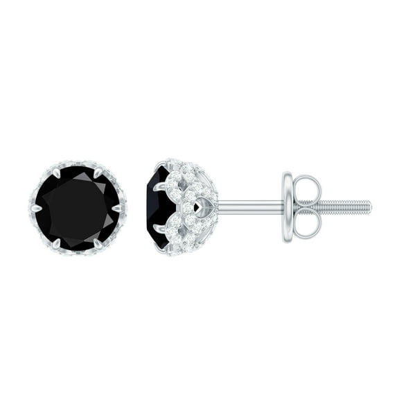 Rosec Jewels Black Onyx Solitaire Earrings with Diamond - Minimal Stud Earrings (AAA Grade), 925 Sterling Silver