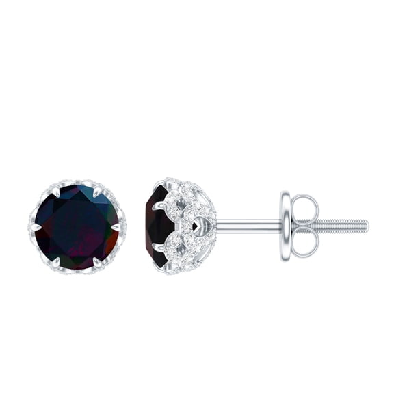 Rosec Jewels Black Opal Earrings with Diamond, Nature Inspired Flower Stud Earrings, 925 Sterling Silver