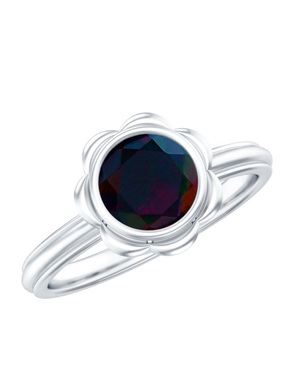 Black Opal Flower Engagement Ring - 1.6 Carat - Bezel Set Opal Ring for Women - AAA Grade Certified - with Jewelry Box, 925 Sterling Silver, US 4.00