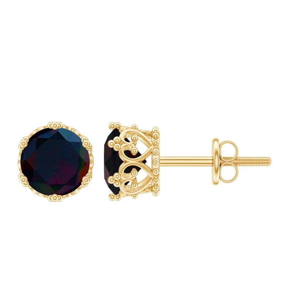 Rosec Jewels Black Opal Solitaire Stud Earrings for Women, Crown Earrings (6 mm), 10K Yellow Gold