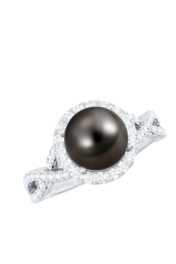 Genuine Tahitian Black Pearl Engagement Ring with Diamond - Crossover Ring (7.5 Carat, AAA Quality), 925 Sterling Silver, US 4.00