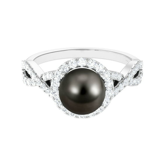 Rosec Jewels Genuine Tahitian Black Pearl Engagement Ring with Diamond - Crossover Ring (8 mm, 8 Carat, AAA Quality), 925 Sterling Silver, US 4.00