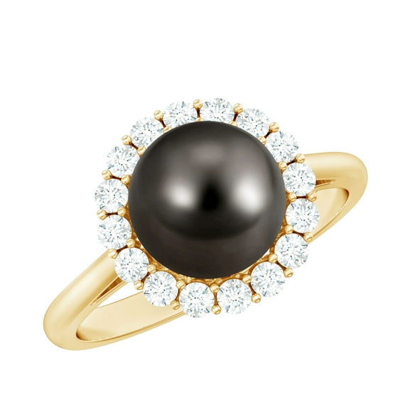 Rosec Jewels Tahitian Pearl Diamond Engagement Ring with Halo - 8 Carat - Black Pearl Ring - AAA Quality - With Jewelry Box, 10K Yellow Gold, US 9.00