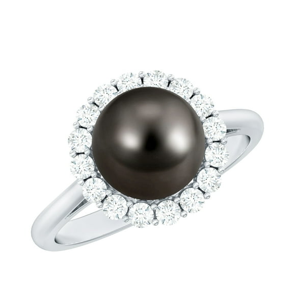 Rosec Jewels Tahitian Pearl Diamond Engagement Ring with Halo - 8 Carat - Black Pearl Ring - AAA Quality - With Jewelry Box, 14K White Gold, US 5.50