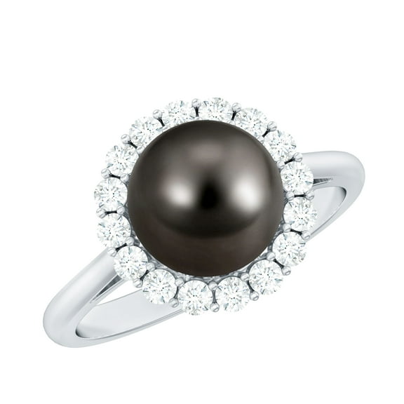 Rosec Jewels Tahitian Pearl Diamond Engagement Ring with Halo - 8 Carat - Black Pearl Ring - AAA Quality - With Jewelry Box, 14K White Gold, US 6.50