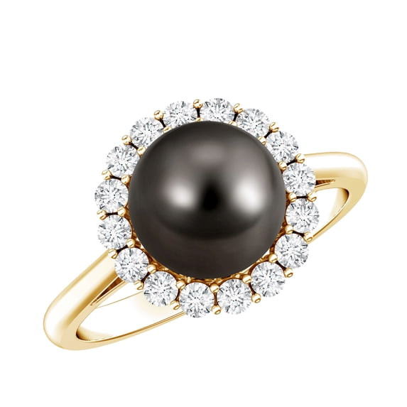 Rosec Jewels Tahitian Pearl Diamond Engagement Ring with Halo - 8 Carat - Black Pearl Ring - AAA Quality - With Jewelry Box, 14K Yellow Gold, US 3.50