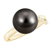 Rosec Jewels Black Tahitian Pearl Solitaire Ring with Diamond, Designer Ring 8 CT, AAA Quality, 10K Yellow Gold, US 3.00